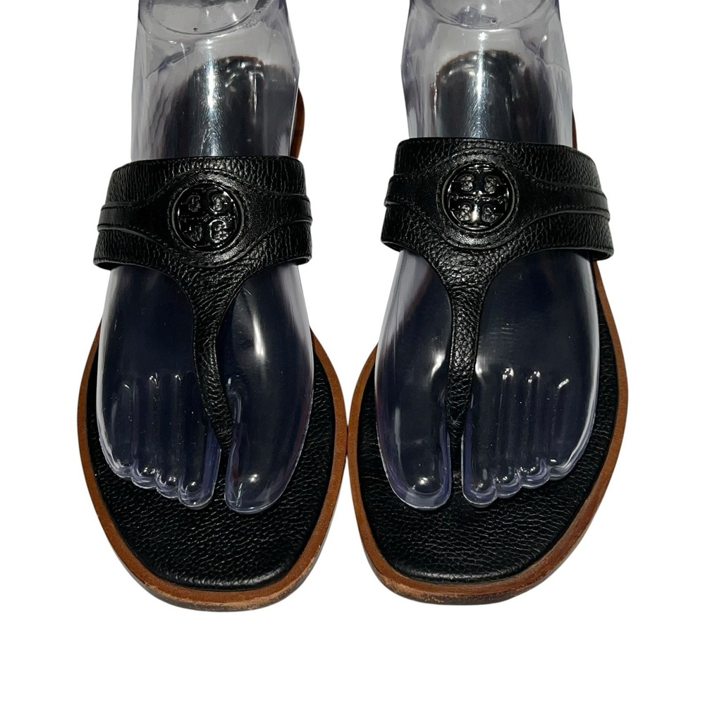 Tory Burch Black Leather Thong Sandals with Brown Trim